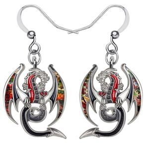 Silver and Multicolor Enamel Mythical Dragon Dangling French Wire Hook Earrings